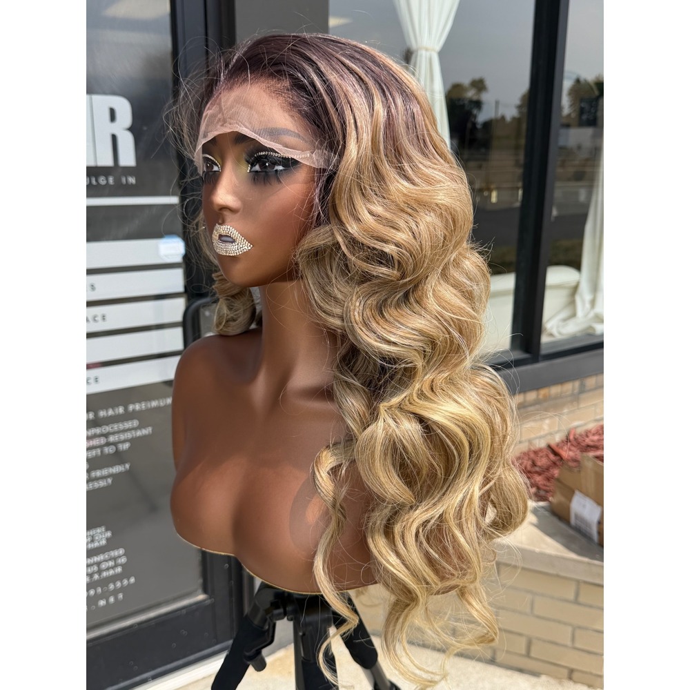 24" Blonde Ombre Curly Human Blend Synthetic Hair 13*6 Transparent LaceFront Wig - Picture 3 of 6